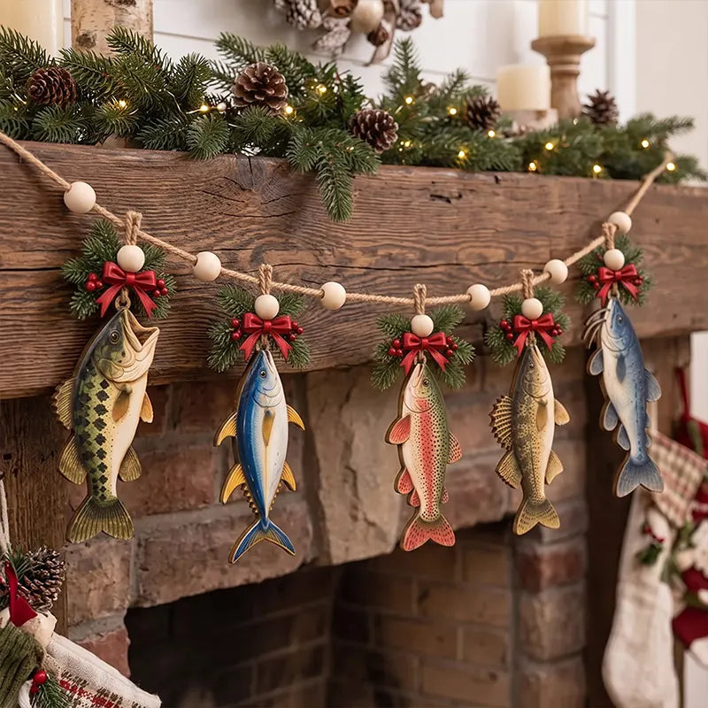 Christmas Fishing River Lodge Rustic Holiday Wooden Garland