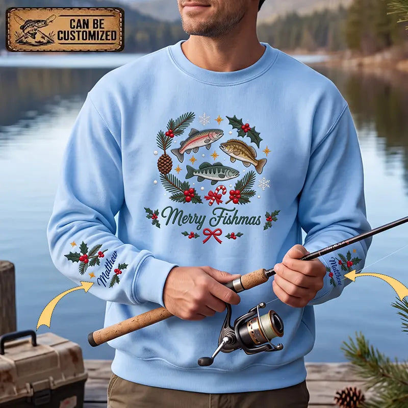 Merry Fishmas Personalized Christmas Fishing Sweater - Print & Embroidery