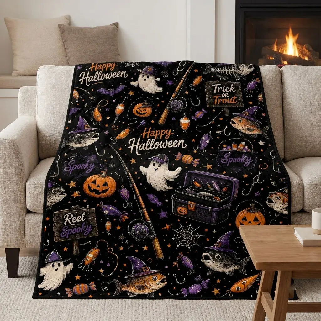 Halloween Fishing Trick or Trout Quilt Blanket