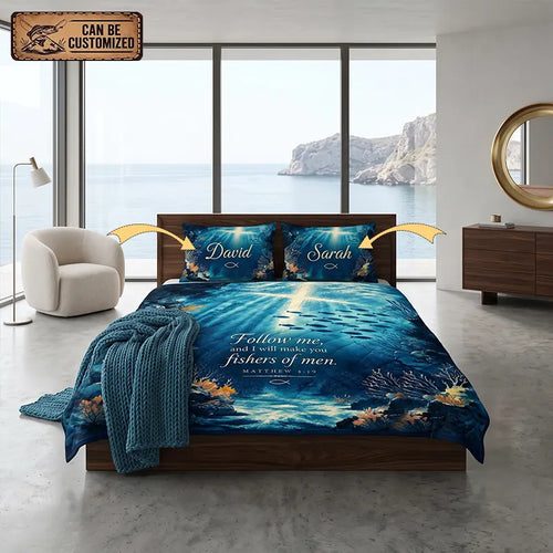 Personalized Matthew 4:19 Christian Fishing Ocean Quilt Bedding Set