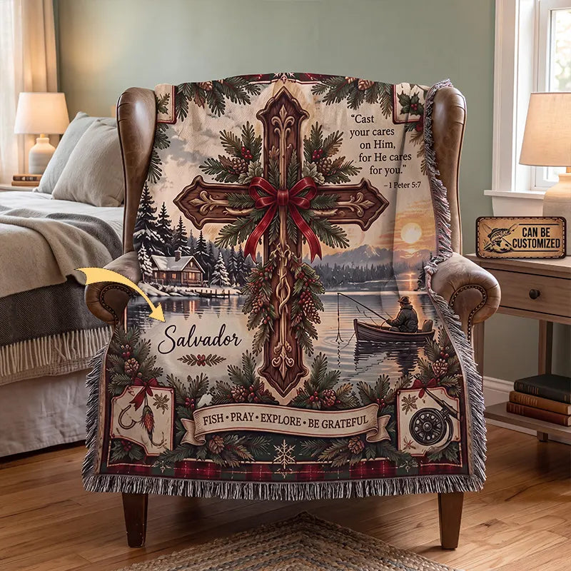 Cast Your Cares On Him Fishing Faith Tassels Blanket