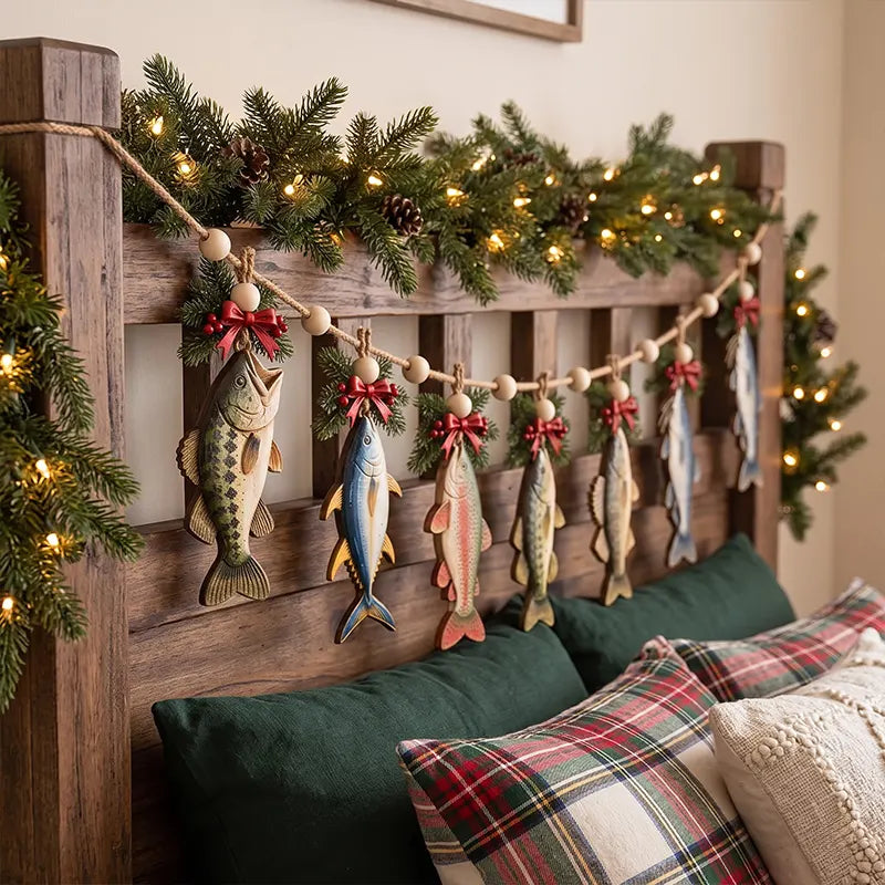 Christmas Fishing River Lodge Rustic Holiday Wooden Garland