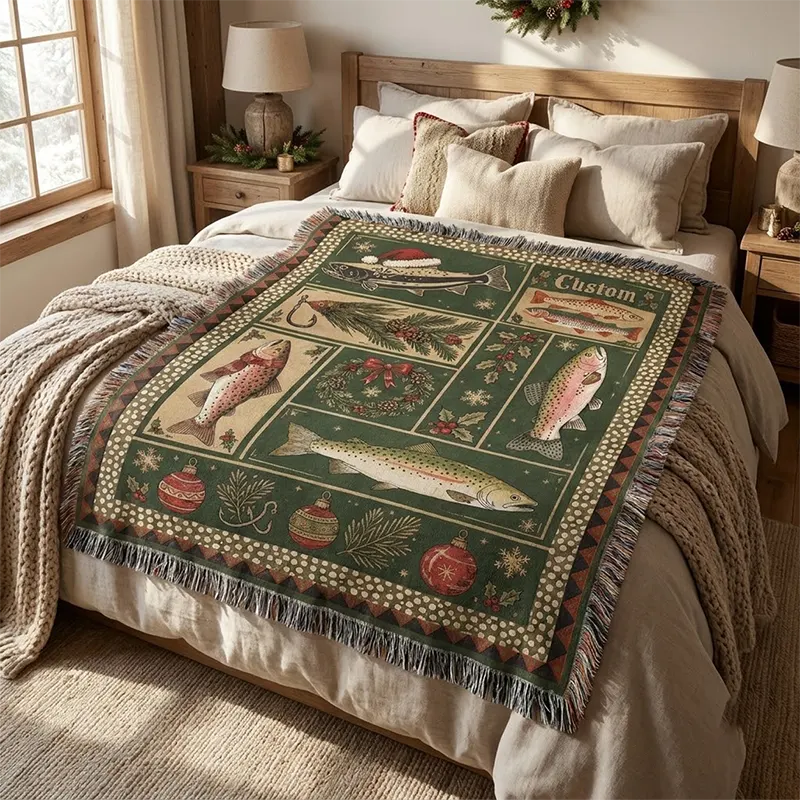 Personalized Vintage Christmas Fishing Tassels Blanket
