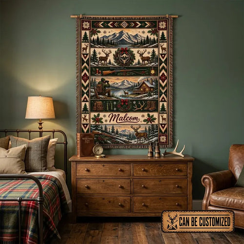 Personalized Hunting Deer Cabin Rifle Wilderness Tassels Blanket