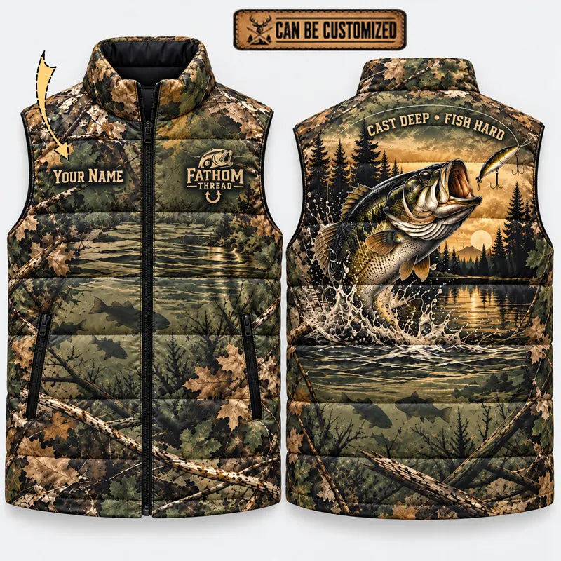 Personalized Fathom Thread Cast Deep Fish Hard Bass Fishing Puffer Vest