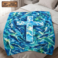 Personalized Savior Cross Ocean Fish Christian Fleece Blanket