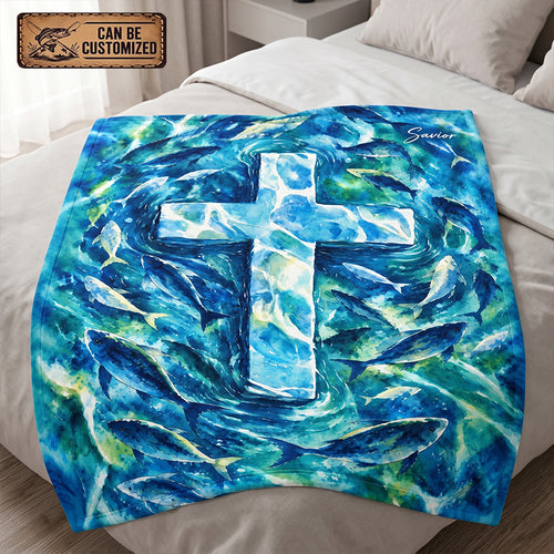 Personalized Savior Cross Ocean Fish Christian Fleece Blanket