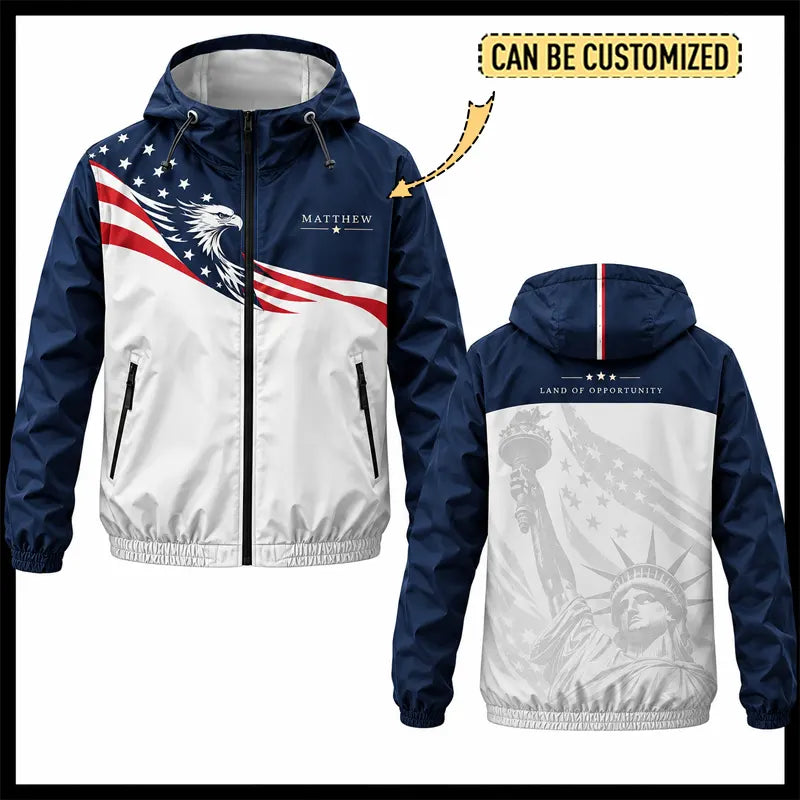 Personalized Land Of Opportunity Bald Eagle American Flag Windbreaker Jacket