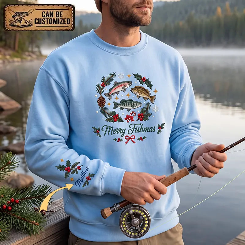 Merry Fishmas Personalized Christmas Fishing Sweater - Print & Embroidery