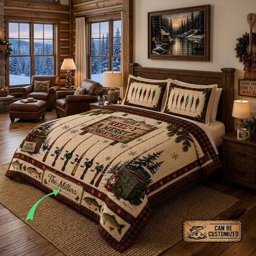Have A Reel-Y Merry Christmas Fishing Quilt Bedding Set