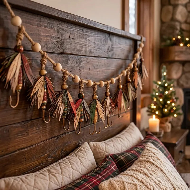 Vintage Fly Fishing Lures Fireplace Wooden Garland