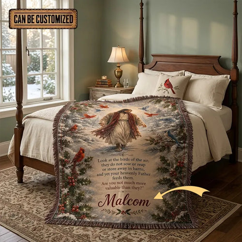 Personalized Jesus Look at the Birds of the Air Tassels Blanket