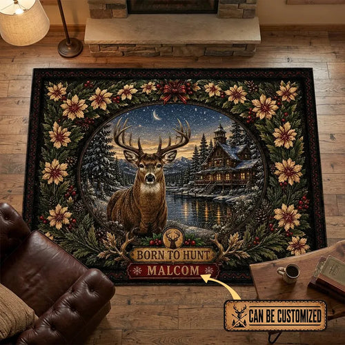 Personalized Born to Hunt Deer Cabin Christmas Vintage Rug