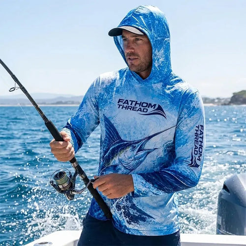 Personalized Deep Blue Predator Ocean Fishing Hooded Long Sleeve Shirt