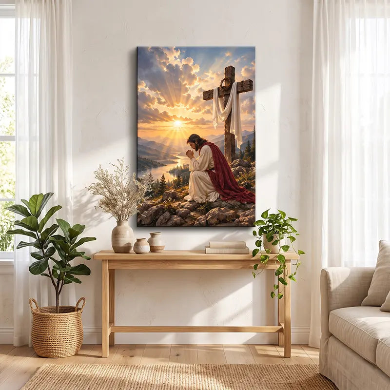 Praying Jesus at the Cross Christian Canvas Print