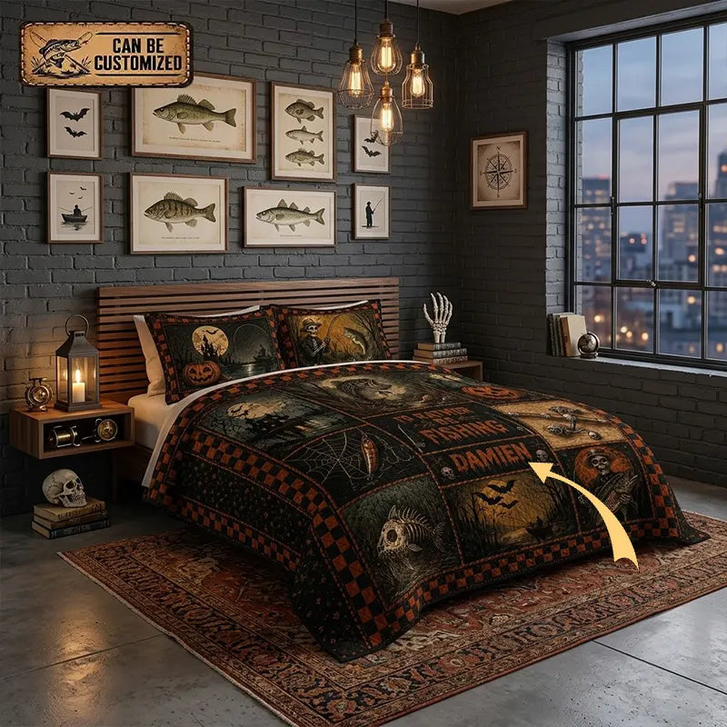 Personalized I'd Rather Go Fishing Quilted Bedding Set