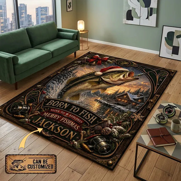 Personalized Christmas Bass Fishing Merry Fishmas Vintage Rug