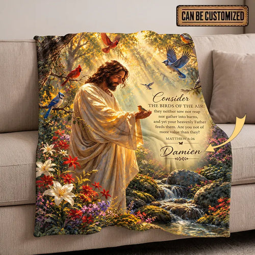 Personalized Matthew 6:26 Jesus Birds Christian Fleece Blanket