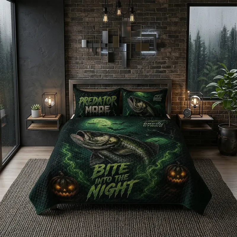 Bite Into the Night Halloween Bass Fishing Quilted Bedding Set