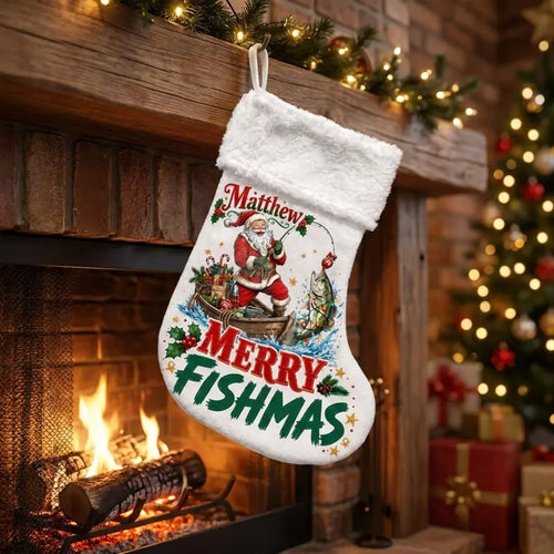 Personalized Santa Bass Fishing Merry Fishmas Christmas Stocking