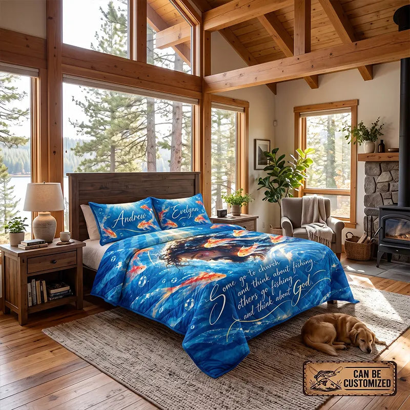 Christian Fishing Jesus Personalized Couple Quilt Bedding Set
