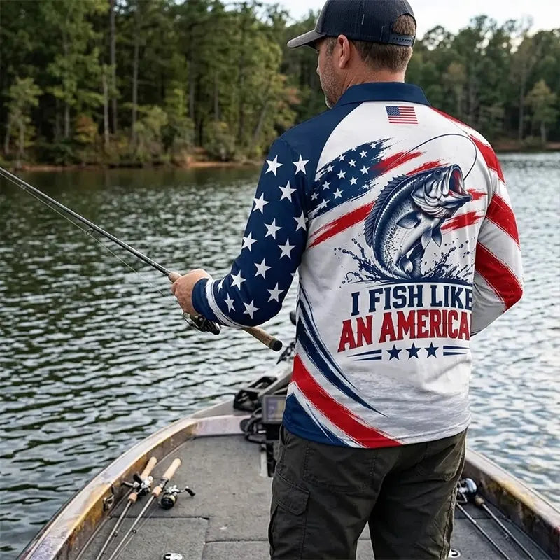 Custom American Bass Fishing Patriotic Polo Long Sleeve Shirt