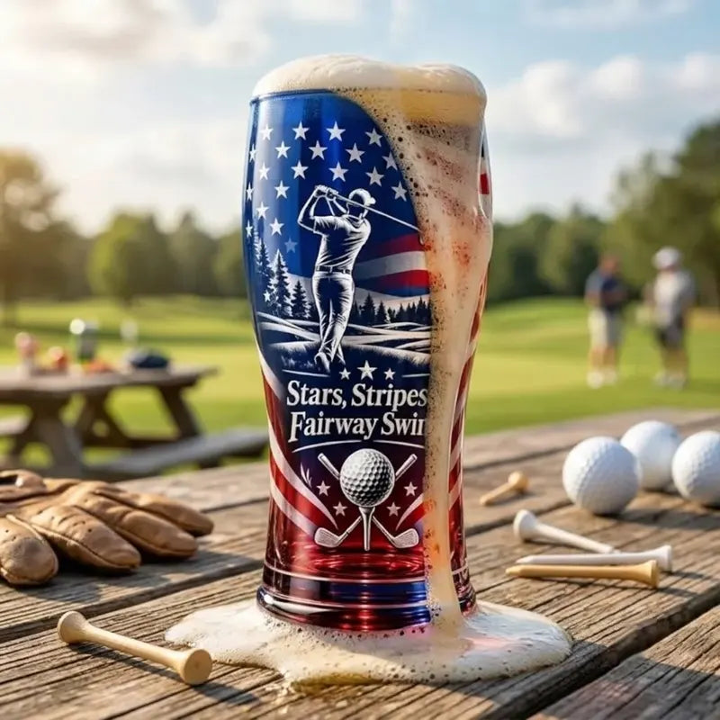 Personalized Stars Stripes & Fairway Swings Patriotic Golf Drinking Glass