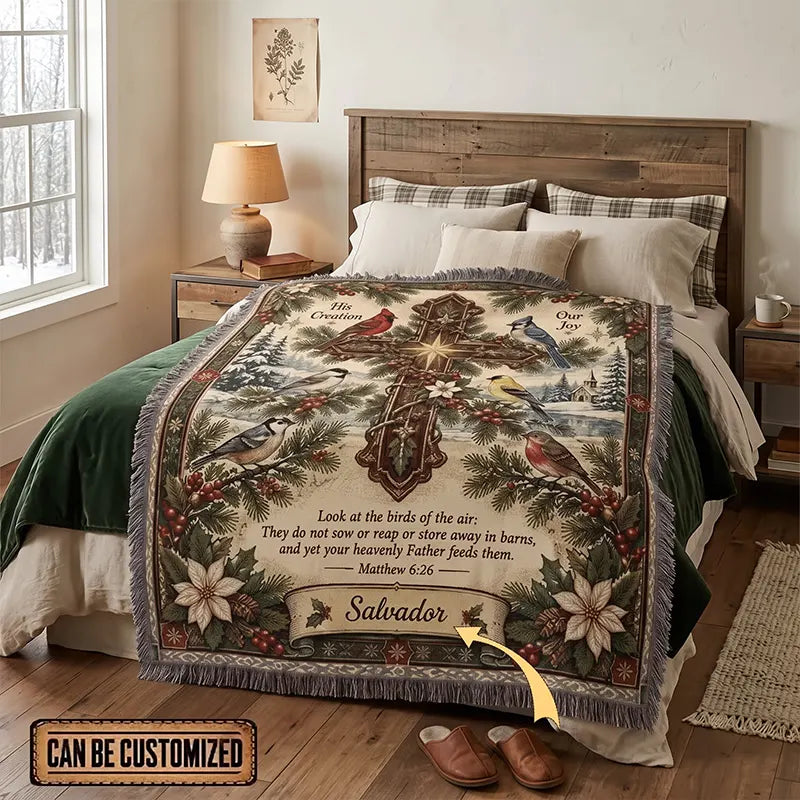 His Creation Our Joy Christmas Birds Cross Tassels Blanket