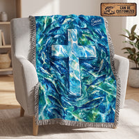 Personalized Catholic Cross Ocean Fish Woven Tassels Blanket