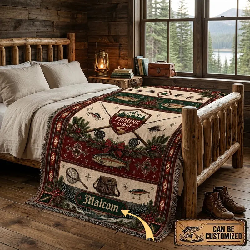 Personalized Fishing Lodge Trout Fishing Tassels Blanket