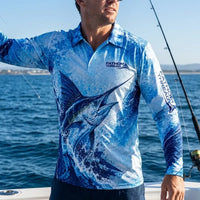 Personalized Deep Blue Predator Ocean Fishing Polo Long Sleeve Shirt