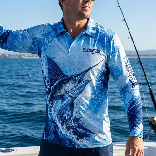 Personalized Deep Blue Predator Ocean Fishing Polo Long Sleeve Shirt