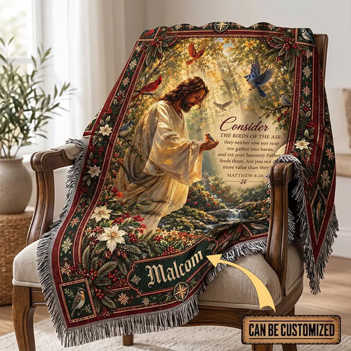 Personalized Matthew 6:26 Jesus Christmas Birds Tassels Blanket
