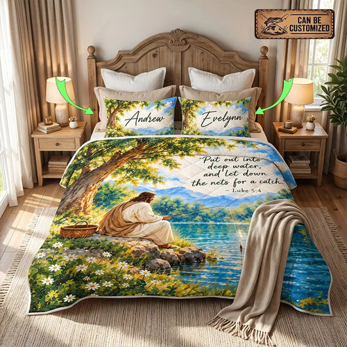 Jesus Fishing Luke 5:4 Christian Quilt Bedding Set