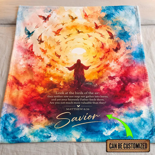 Personalized Matthew 6:26 Christian Birds Watercolor Fleece Blanket