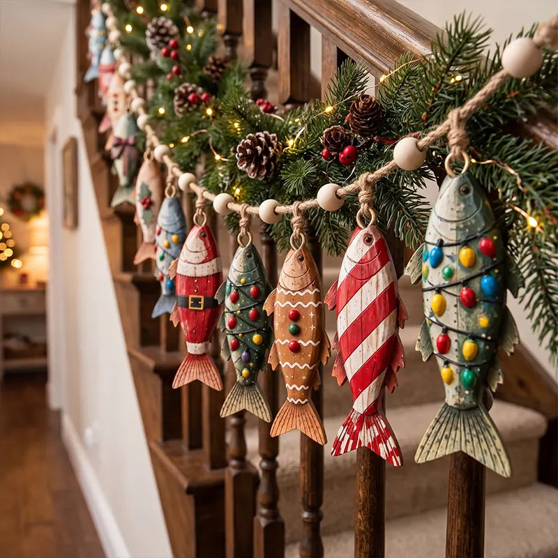 Vintage Christmas Fish Wooden Garland