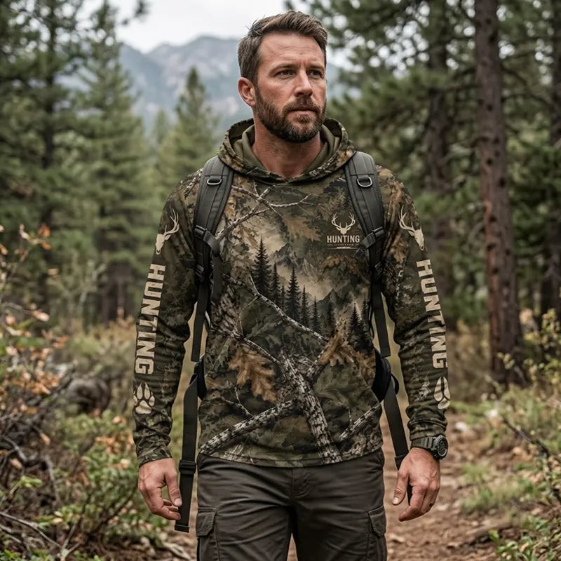 Real Tree Camo Elk Hunting Graphic Hooded Long Sleeve Shirt