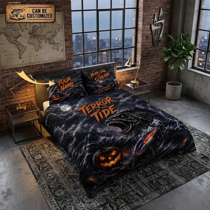Personalized Terror on the Tide Halloween Fishing Quilted Bedding Set
