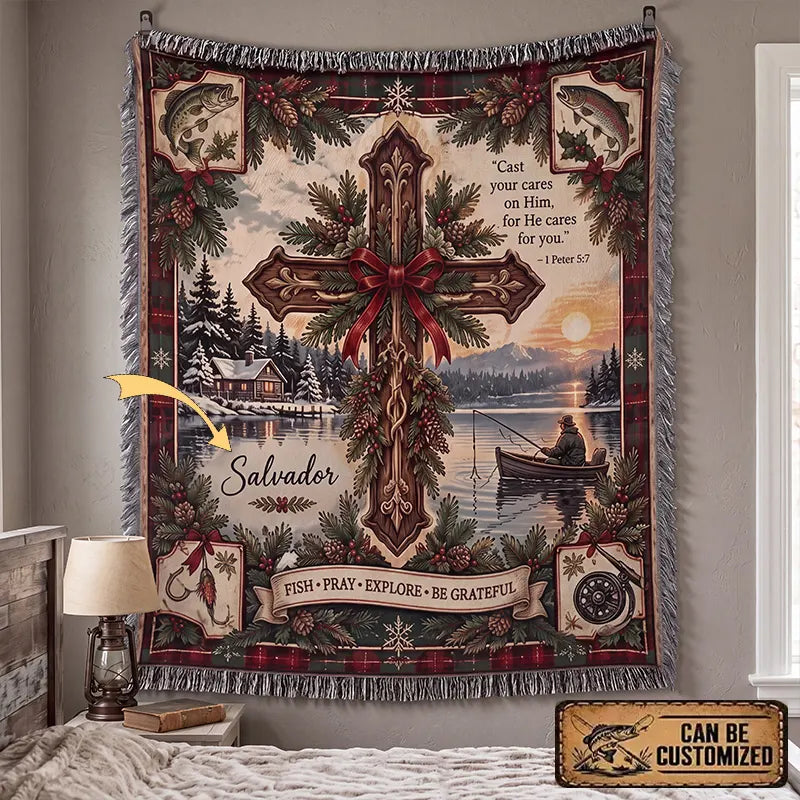 Cast Your Cares On Him Fishing Faith Tassels Blanket