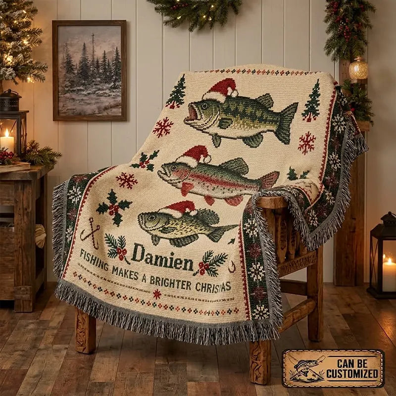 Fishing Makes A Brighter Christmas Santa Hat Fish Tassels Blanket