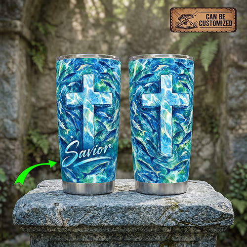 Personalized Savior Cross Ocean Fish Watercolor 20oz Tumbler