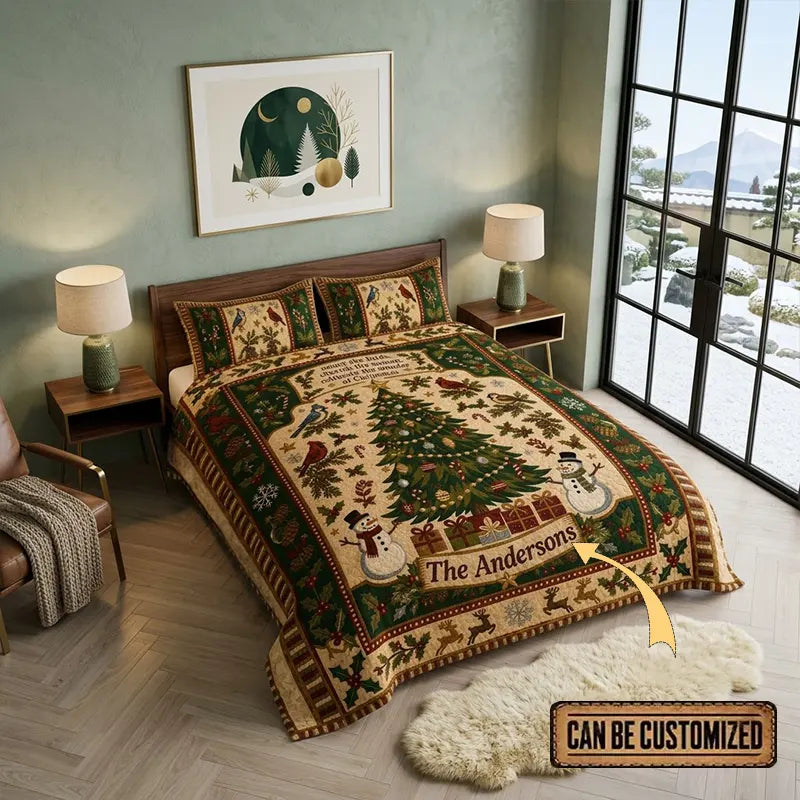 Personalized Christmas Birds Rustic Country Quilted Bedding Set