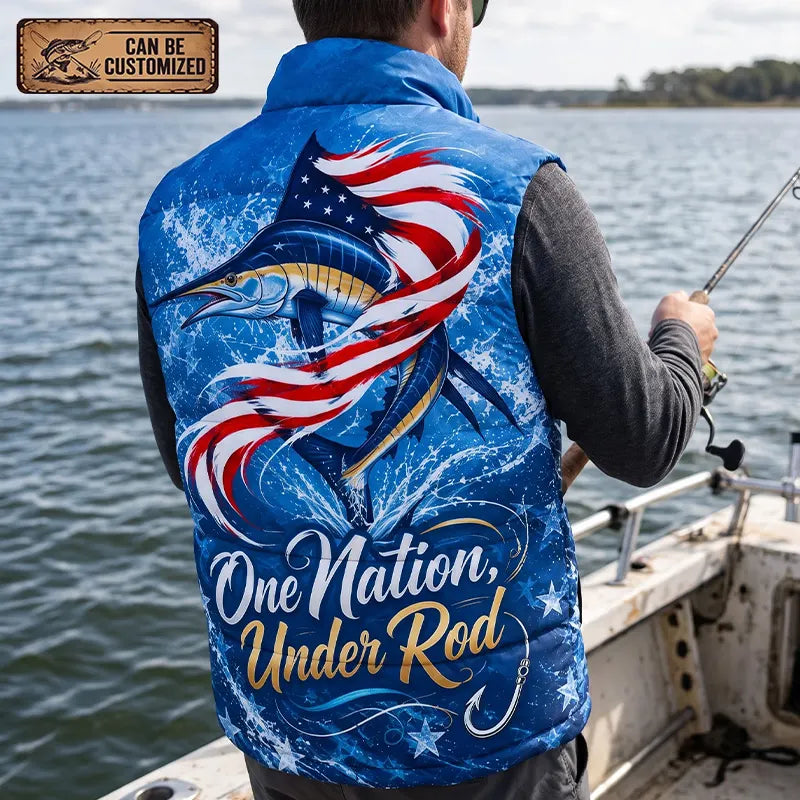 Custom One Nation Under Rod Patriotic Fishing Puffer Vest