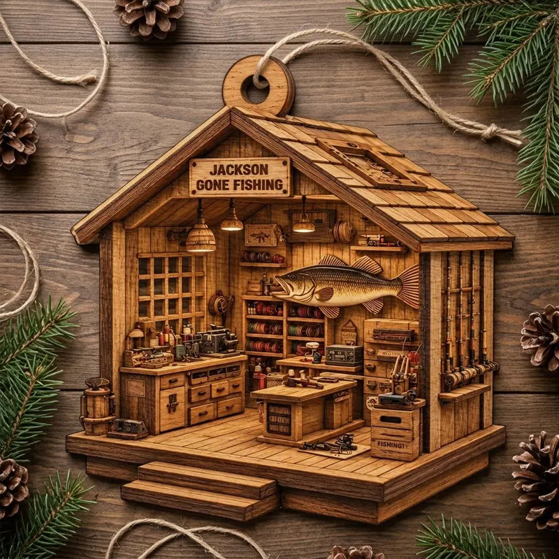 Personalized Fishing Cabin Christmas Wooden Ornament