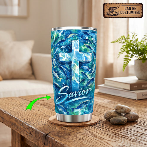 Personalized Savior Cross Ocean Fish Watercolor 20oz Tumbler
