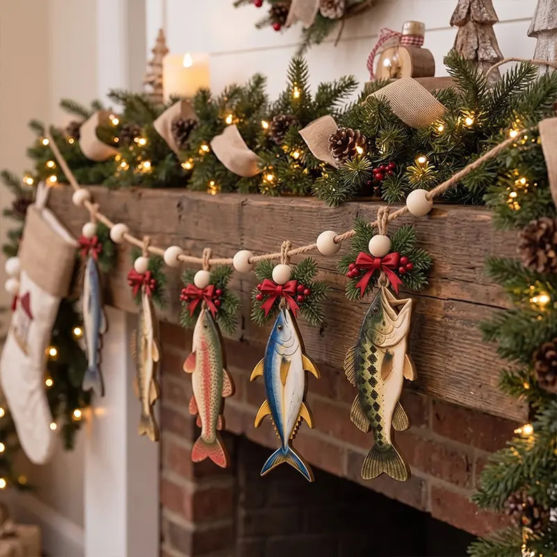 Christmas Fishing River Lodge Rustic Holiday Wooden Garland