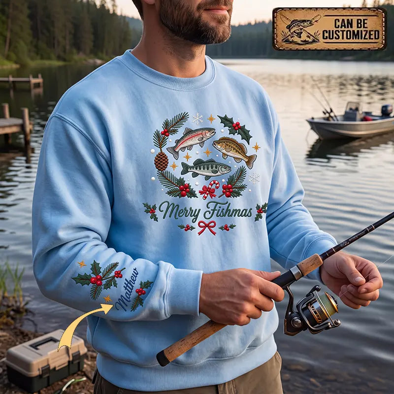 Merry Fishmas Personalized Christmas Fishing Sweater - Print & Embroidery