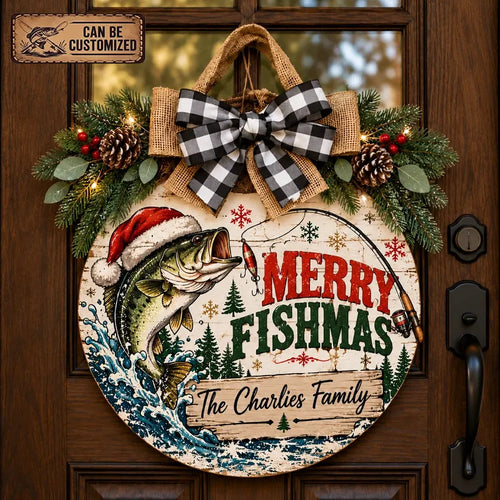 Personalized Merry Fishmas Christmas Round Door Sign