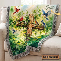Savior Christian Cross Birds Woven Tassel Blanket