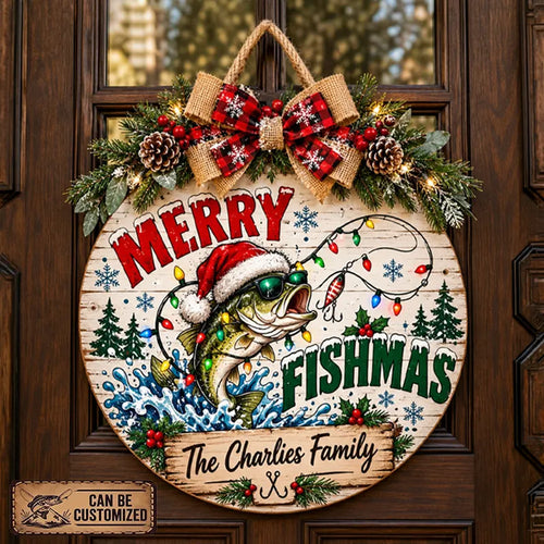 Personalized Merry Fishmas Christmas Round Door Sign